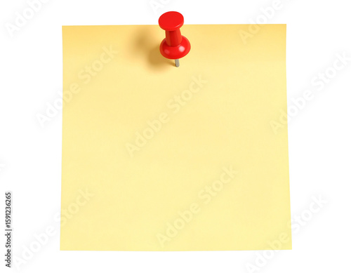 Yellow sticky post-it note with red pushpin isolated on transparent background
