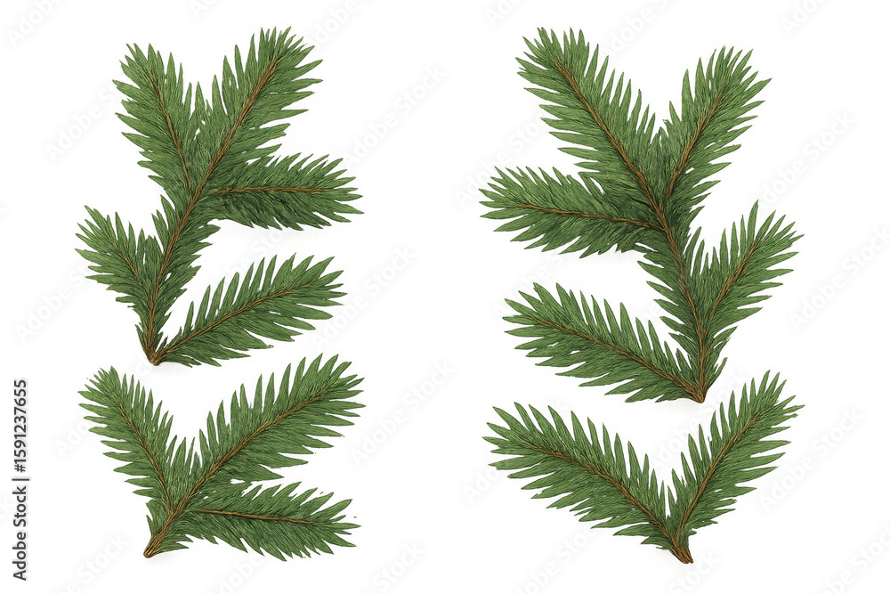 Naklejka premium Six photorealistic illustrations of fir branches, perfect for christmas or nature-themed designs, isolated on a transparent background