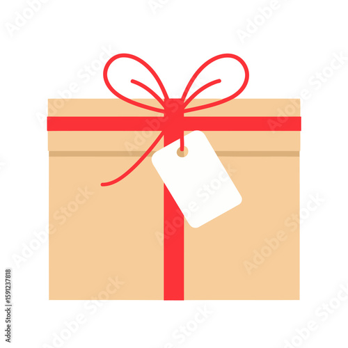 Brown cardboard gift box with a bright red ribbon, bow, and blank white tag.