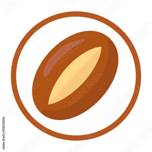 Shiny brown roasted coffee bean icon with a central crease, enclosed in a circular frame.