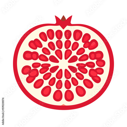 Stylized red pomegranate cross-section with a crown, showing vibrant arils in a flat design.