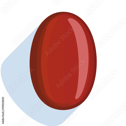 Glossy red oval capsule with 3D shading and highlights, resembling a pill or jelly bean.