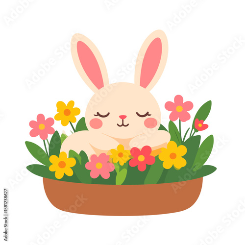 Adorable cartoon bunny with closed eyes and rosy cheeks resting in a basket of colorful spring flowers.