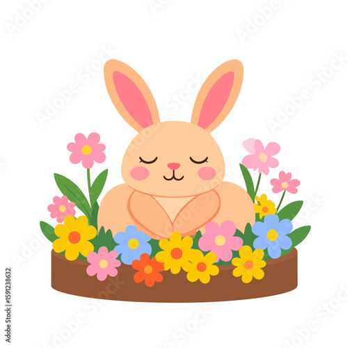 Cute peach-colored bunny with closed eyes and rosy cheeks resting peacefully in a colorful flowerbed.