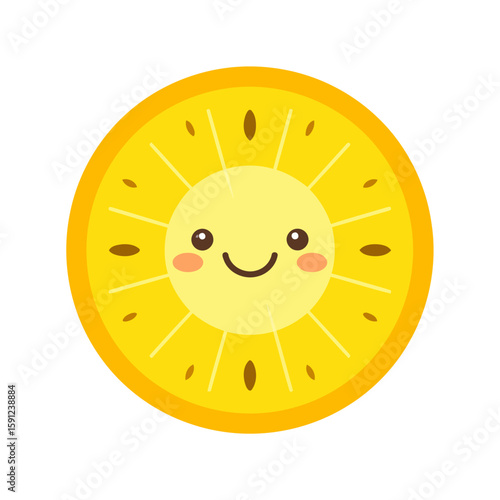 Cute kawaii citrus fruit slice character with a happy smiling face, rosy cheeks, and seeds.