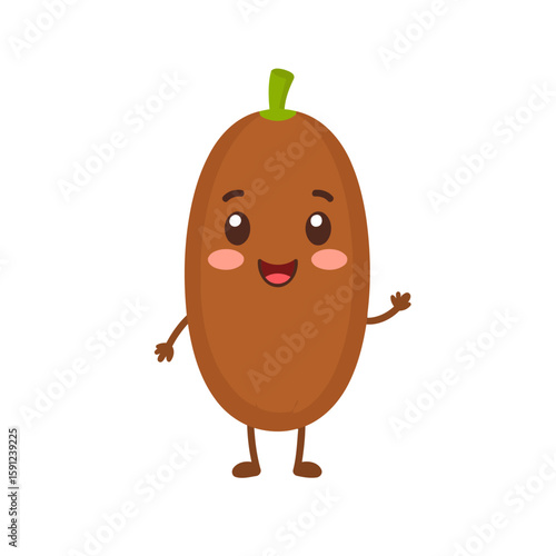 Adorable brown kiwi fruit character with a happy face and rosy cheeks, waving hello. Cute kawaii mascot with a friendly smile and green stem.