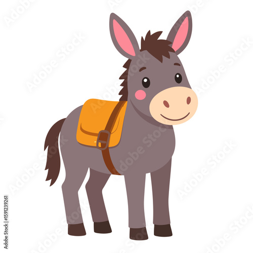 Charming grey cartoon donkey with a yellow saddlebag, standing and smiling happily.