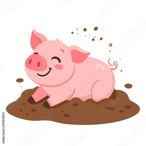 Adorable pink cartoon piglet with a happy smile sitting and playing in a brown mud puddle.