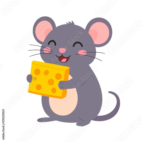 Adorable grey cartoon mouse with a happy expression holding a large block of Swiss cheese.