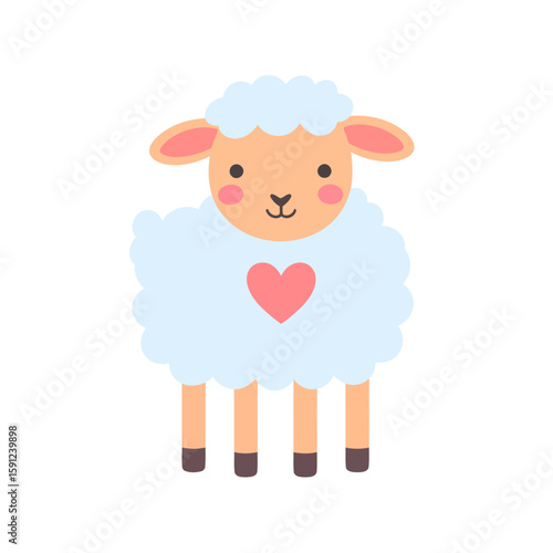 Adorable cartoon sheep with fluffy blue wool and a pink heart. Cute flat vector illustration of a lamb with rosy cheeks.