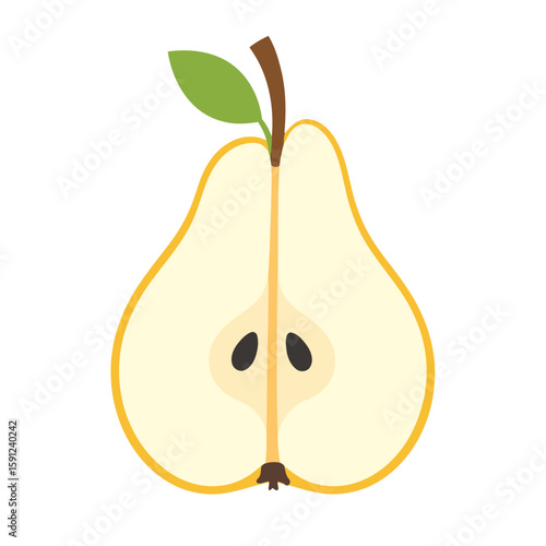 Stylized cross-section of a ripe yellow pear with visible seeds, a brown stem, and a single green leaf.