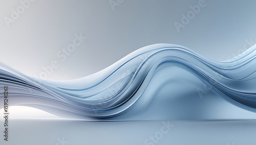 Modern abstract background with a flowing blue and silver liquid metal or glass wave. Elegant, futuristic design for technology or business. Empty stage for product display