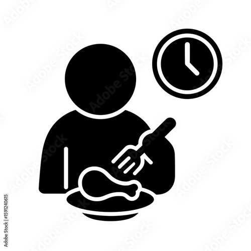 Solid black person eating with clock icon representing irregular meals