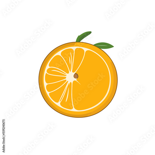 A vibrant, stylized orange fruit, cut in half to reveal its juicy segments and pulp, topped with two small green leaves.