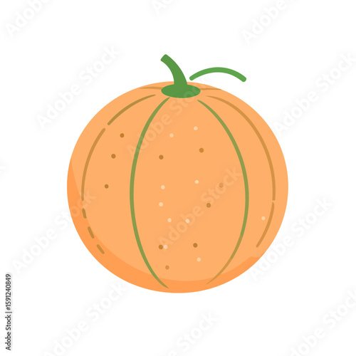 A stylized cartoon orange fruit with a green stem, dotted peel texture, and vertical green segment lines.