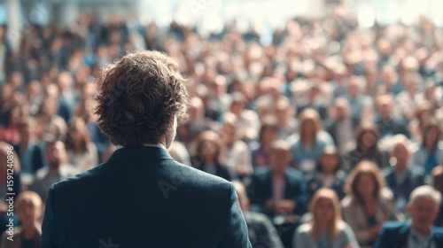 Confident male speaker addressing a large, attentive audience in a packed conference hall, viewed from behind the stage, with hundreds of seated attendees engaged in a professional seminar