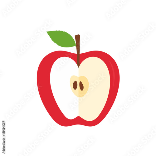 Stylized red apple illustration, cut in half with seeds, stem, and green leaf.