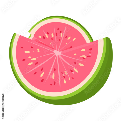 Stylized round watermelon slice with a cut wedge, pink flesh, and colorful seeds.