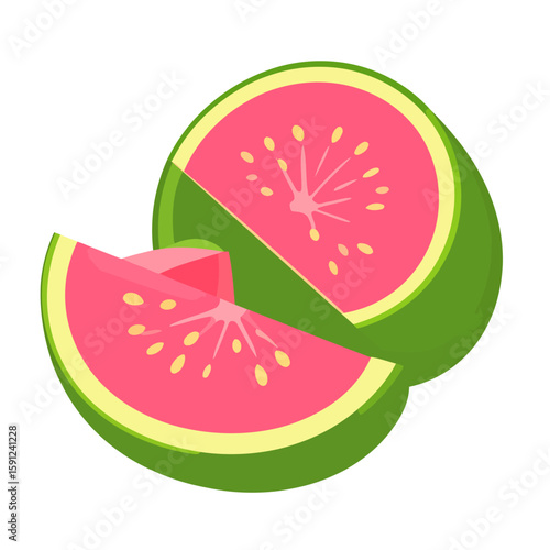 Fresh tropical pink guava fruit, cut in half and sliced, showing vibrant pulp and seeds.
