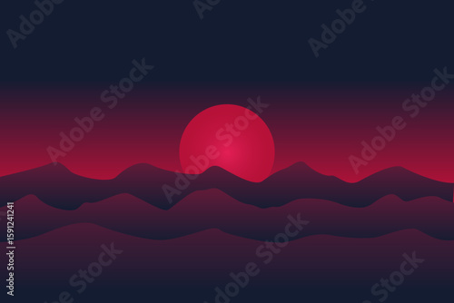 Vector Space Landscape Mountain with Red Sun