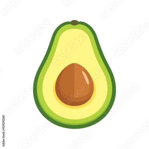 Stylized flat design illustration of a fresh avocado half with a large brown seed and vibrant green skin.