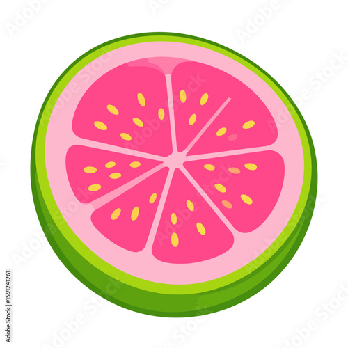 Vibrant cartoon fruit slice with bright pink segmented flesh, yellow seeds, and a green rind.