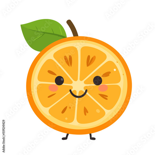 Cute cartoon orange slice character with a smiling kawaii face, green leaf, and stem. Adorable anthropomorphic fruit illustration.