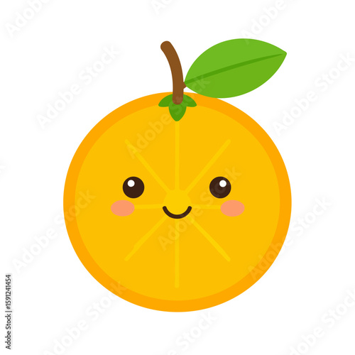 Cute kawaii orange fruit slice character with a happy smiling face, rosy cheeks, stem, and green leaf.