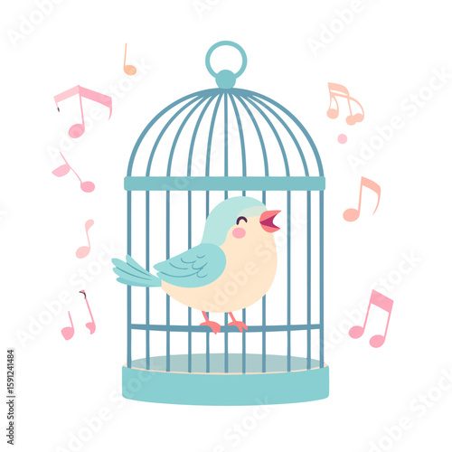 A cheerful cartoon songbird with rosy cheeks singing inside a light blue birdcage surrounded by musical notes.