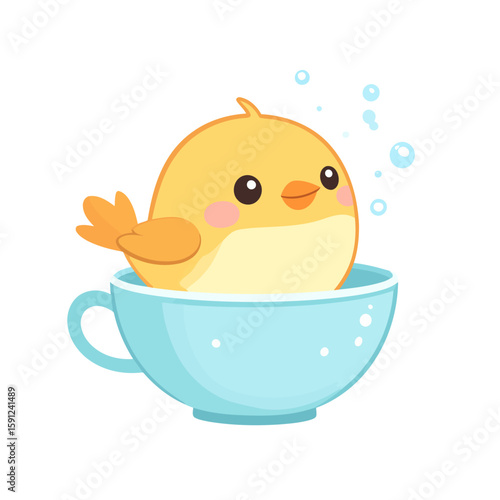 A cute, round yellow chick with pink cheeks and big eyes bathing in a light blue teacup.