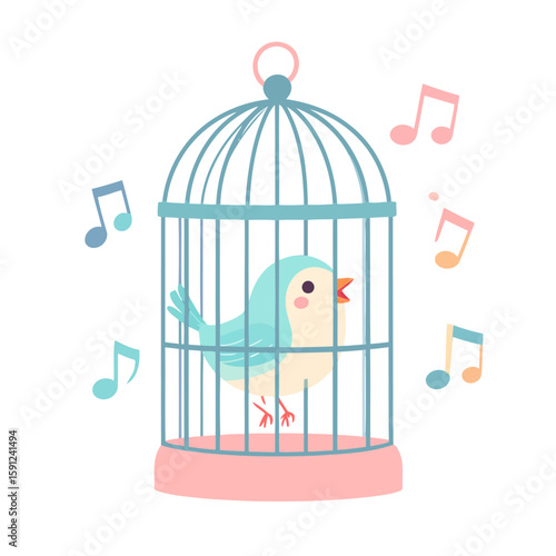 Cute blue cartoon bird singing in a pastel birdcage with colorful musical notes.
