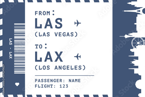 Las Vegas - Los Angeles, USA flight, luggage tag, boarding pass card. Vector illustration layout for infographic, postcard, sticker, print, promo with landmark shapes