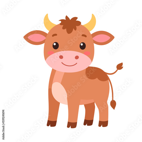 Cute cartoon brown calf with a happy smile, rosy cheeks, and small yellow horns. Flat vector illustration of a friendly baby cow.