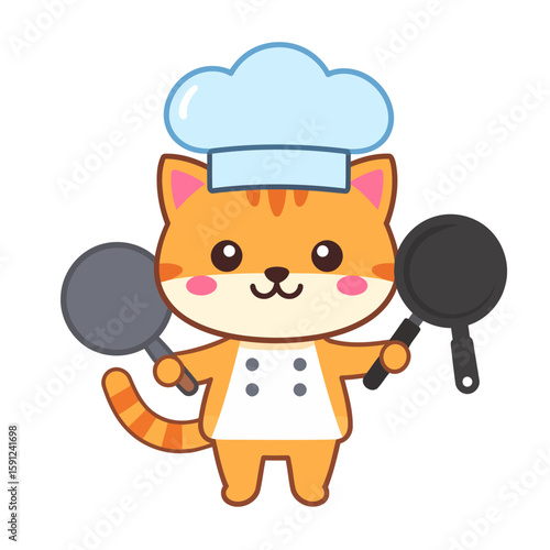 Cute orange tabby cat chef character in a blue toque holding two frying pans.