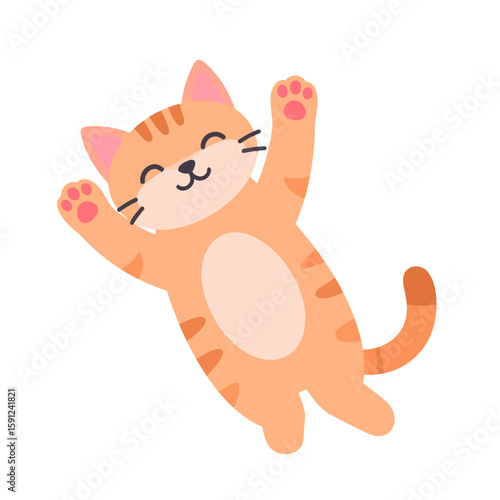 Joyful orange tabby cat illustration with a happy expression and raised paws.