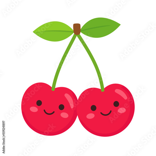 A charming pair of red cartoon cherries with cute smiling kawaii faces, rosy cheeks, and bright green leaves.