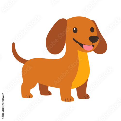 Cheerful brown dachshund cartoon with a long body, floppy ears, and a happy smiling face.