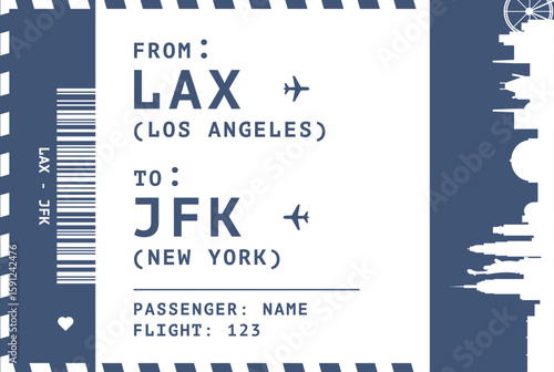 Los Angeles - New York, USA flight, luggage tag, boarding pass card. Vector illustration layout for infographic, postcard, sticker, print, promo with landmark shapes
