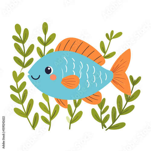A cute smiling blue cartoon fish with bright orange fins and tail, illustrated in a simple flat style.