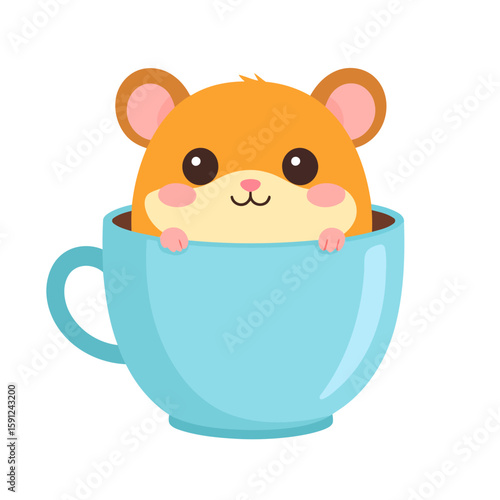 Adorable orange cartoon hamster with pink cheeks peeking out of a light blue teacup, kawaii style illustration.