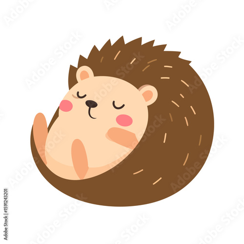 Cute cartoon hedgehog sleeping peacefully, curled up in a ball. Adorable brown spiny mammal character with pink cheeks.