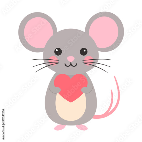 Adorable gray cartoon mouse with large pink ears and rosy cheeks, holding a red heart.