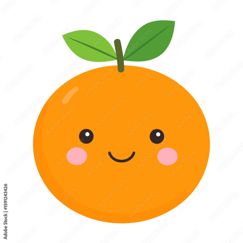 Obraz premium Adorable kawaii orange fruit character with a happy smiling face, rosy cheeks, and two green leaves.