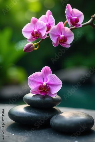 Smooth grey spa stones, vibrant orchid blossoms overhead , overhead shot, flowers