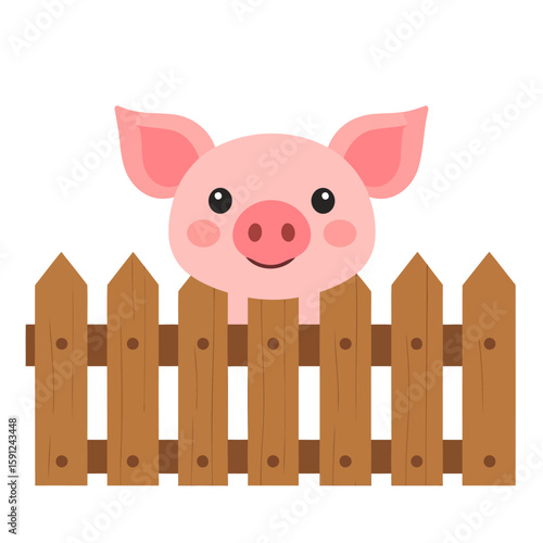 Cute pink cartoon piglet with a happy face peeking over a brown wooden fence.