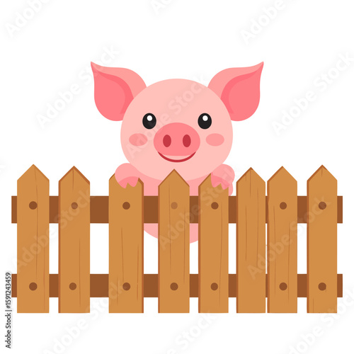 Cute pink cartoon piglet with rosy cheeks peeking over a brown wooden fence.