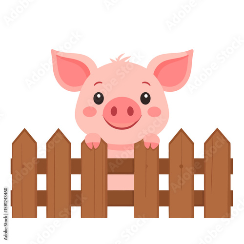 Adorable pink cartoon piglet with rosy cheeks peeking over a brown wooden fence.