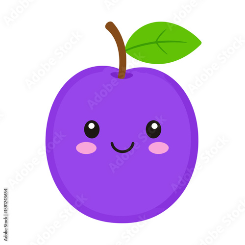 Adorable kawaii purple plum character with a smiling face, rosy cheeks, a brown stem, and a single green leaf.