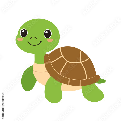 A cute smiling green cartoon turtle with a brown patterned shell and rosy cheeks.