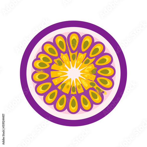 Vibrant passion fruit cross-section illustration with purple rind and yellow seed pulp.